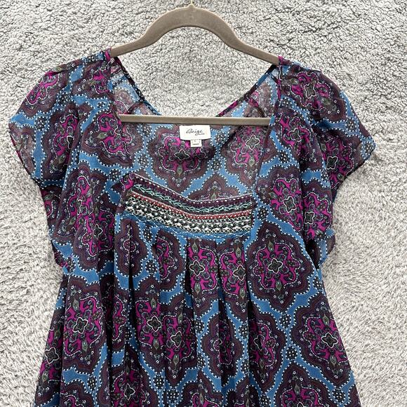 Beige by eci Large Sheer Blouse Beaded Neckline Colorful Boho Feminine Flowy - Picture 1 of 9